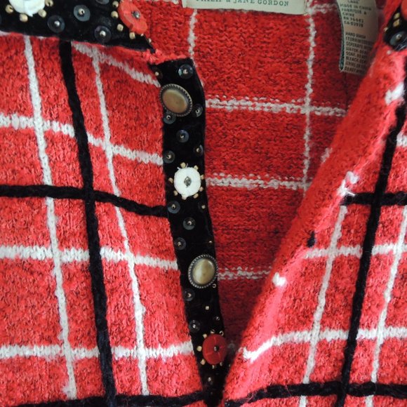 Design Options Vintage Red & White Windowpane Embellished Cardigan Jacket M - Picture 7 of 13
